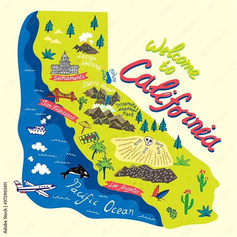 Illustrated map of California, USA. Travel and attractions. Stock Vector | Adobe Stock