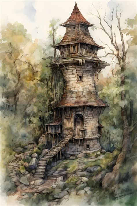 Premium AI Image | A painting of a house in the woods