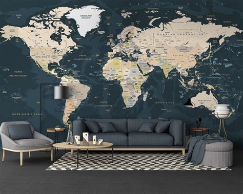 Map Wallpaper Peel and Stick Self Adhesive Dark Political | Etsy