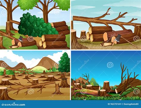 Escenas De La Tala De árboles Con Bosque Tajado Ilustración del Vector ...