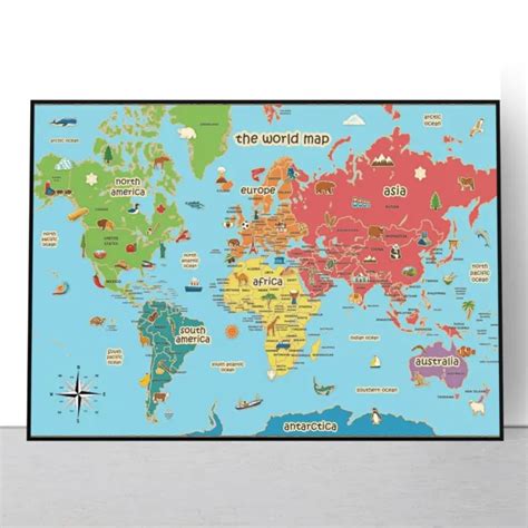 KIDS WORLD MAP Educational Poster Print Coloured Continents Wall Art A3 A2 A1 £5.99 - PicClick UK