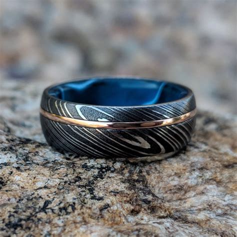 Damascus Steel Ring 14k Rose Gold Wedding Band With Inside | Etsy