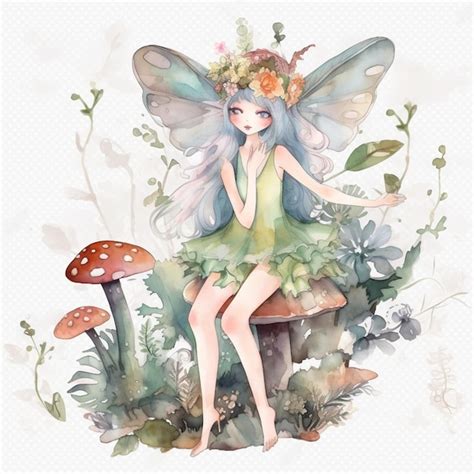 Premium AI Image | A watercolor illustration of a fairy sitting on a ...