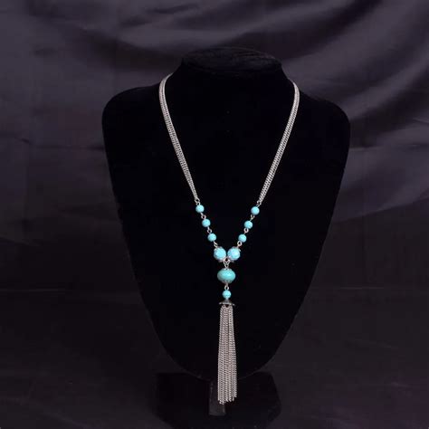 Long tassel necklace, silver chain tassel pendant necklace, tu rquoise ...