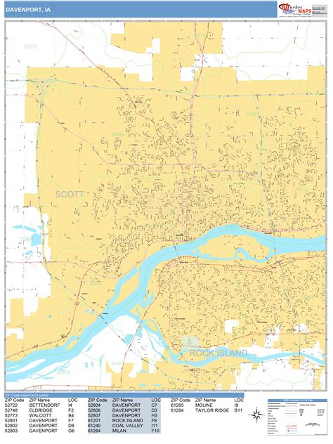 Davenport Iowa Wall Map (Basic Style) by MarketMAPS