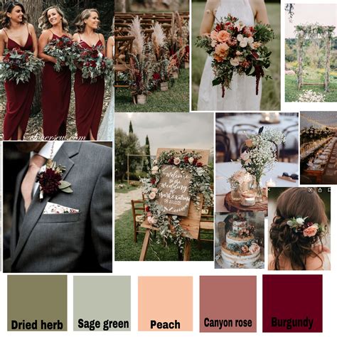 the color palette is red, green, peach, burgundy and gold for this wedding