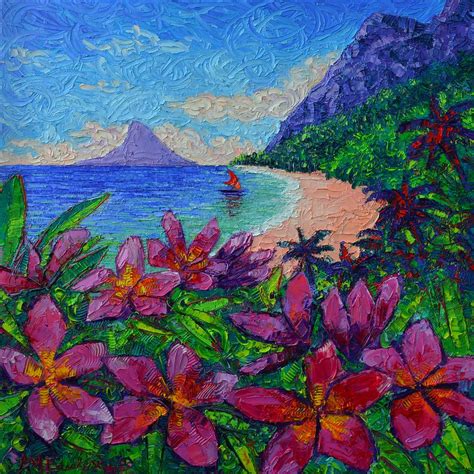 HAWAII PLUMERIA SECRET BEACH modern impressionist textural impasto knife painting Ana Maria ...