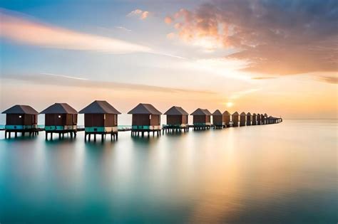 Premium Photo | A row of beach huts on the water at sunset