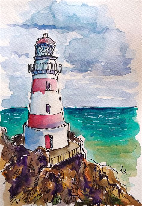 Lighthouse painting Original watercolor Seascape artwork | Etsy