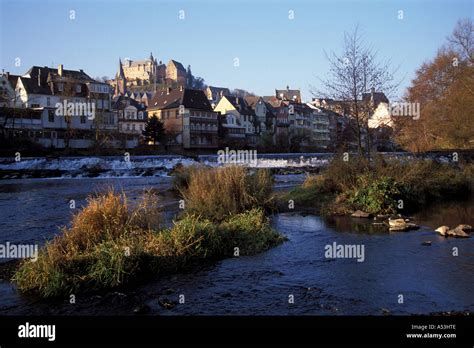 Marburg at the Lahn river, view of the pitoresque small town from the ...