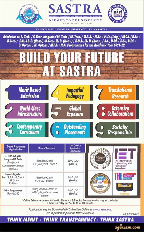 SASTRA University Admission 2021 - Rank List (Ou, Eligibility Criteria