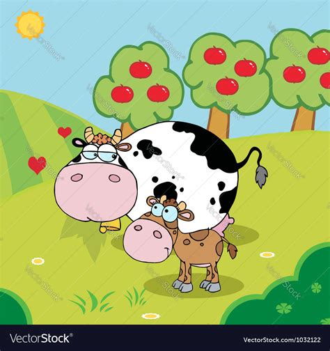 Baby And Mommy Cow In A Pasture Royalty Free Vector Image