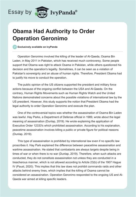 Obama Had Authority to Order Operation Geronimo - 891 Words | Essay Example