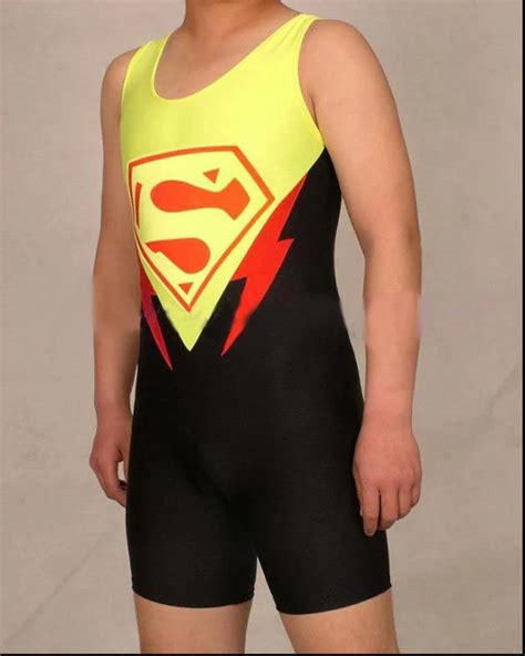 Cool Yellow Lycra Spandex Wrestling Singlet Youth Super hero Superman Outfit Bib Shorts Adult ...