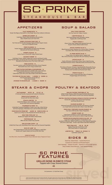 Menu - Las Vegas NV's SC Prime Steakhouse & Bar | Sirved