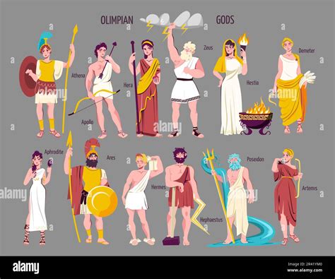 Olympian gods flat icon set with athena appolo hera zeus hestia demeter aphrodite ares hermes ...