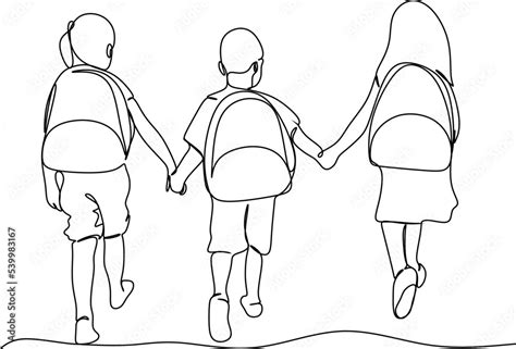 Children going to School with backpacks continuous line drawing, vector ...