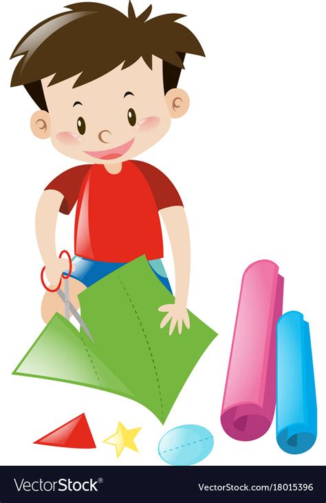 Boy cutting color papers with scissors Royalty Free Vector