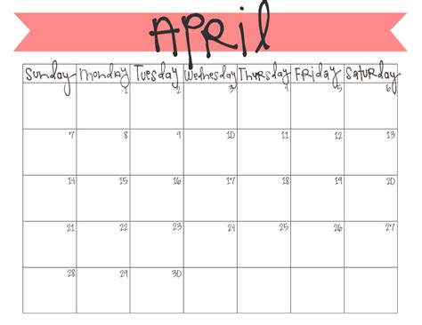 April Calendar Sheet Printable