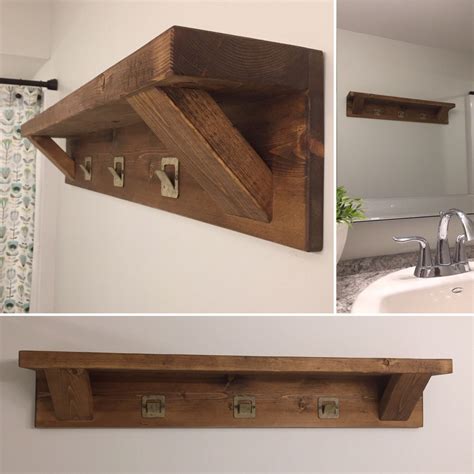 Wall shelf with hanging hooks...solid wood rustic shelf.. farmhouse style..country style by ...