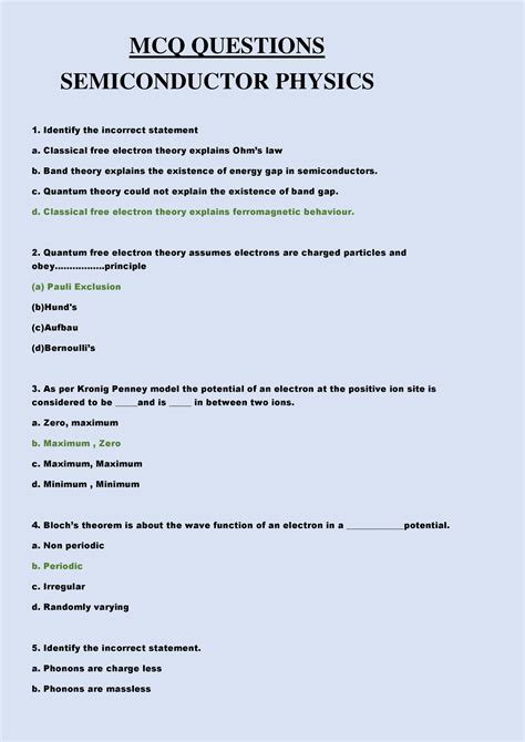 Semiconductor Physics - MCQ QUESTIONS SEMICONDUCTOR PHYSICS Identify ...