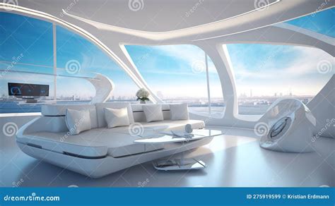 Futuristic 2050 Living Room with Elegant White Couch and Mesmerizing Seascape View, Blending ...