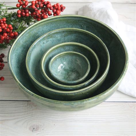 Andover Pottery — Mixing Bowls, Set of Four Green Stoneware Pottery Bowls Handcrafted Made in USA