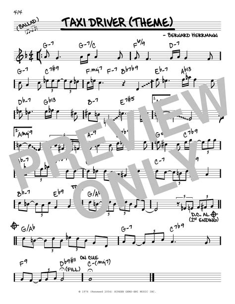 Taxi Driver (Theme) by Bernard Herrmann Sheet Music for Real Book ...