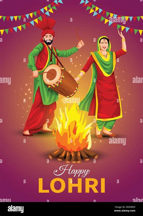 Happy Lohri festival of Punjab India background. vector illustration of couple playing lohri ...