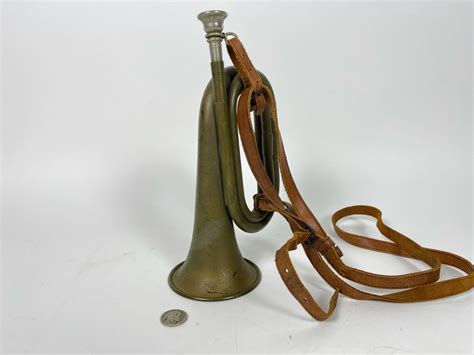 Antique WWI Military Bugle With Leather Strap 9.5L X 5.5H (Horn Is 3.5R)