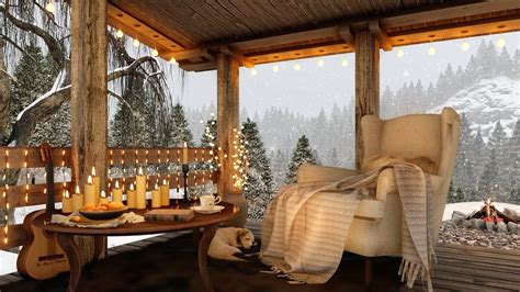 Winter Cozy Porch Ambience with First Snow Falling and Relaxing ...