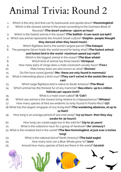 FREE 50 Animal Trivia Questions and Answers Printable | Fun trivia questions, Trivia questions ...