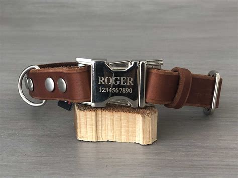 Engraved Buckle Leather Dog Collar, 5 Leather Colors, Quick Release Collar, Silver Plated Metal ...