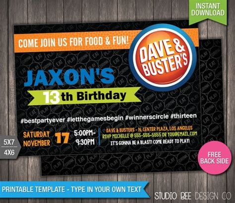 Dave and Busters Birthday Invitation INSTANT by StudioBeeDesignCo