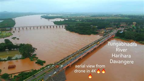 Tungabhadra river at Harihara, Davanagere aerial view shot from drone | flood situation in ...