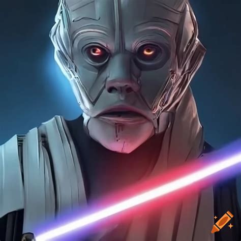 Hyper-realistic robotic jedi warrior with a lightsaber on Craiyon