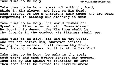 Baptist Hymnal, Christian Song: Take Time To Be Holy- lyrics with PDF for printing