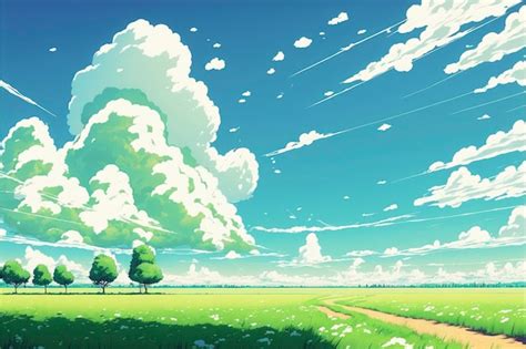 Premium Photo | Green Field, Day sky clouds Anime Background