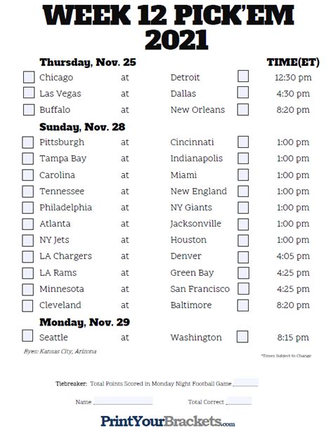 NFL Week 12 Confidence Pool Sheet 2023 - Printable - valenciatheaterseating.com