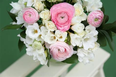 Premium Photo | Beautiful bouquet with white freesia flowers closeup