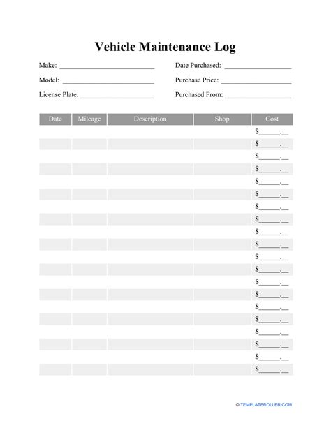 Vehicle Maintenance Log Template Download Printable PDF | Templateroller