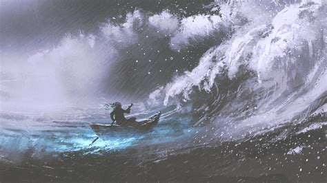 man rowing a magic boat in stormy sea with rogue waves, digital art ...