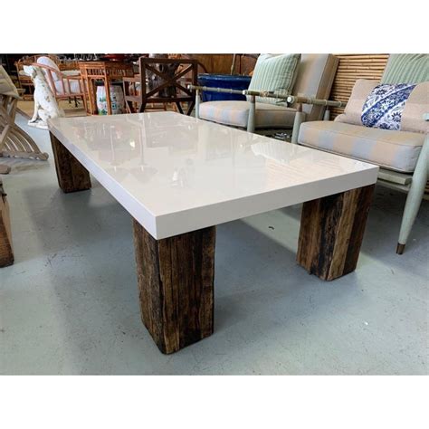 Beautiful Vintage White Lacquer Natural Wood Coffee Table at 1stDibs