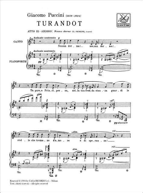 Nessun Dorma From Turandot Act 3 by Giacomo Puccini » Vocal Sheet Music