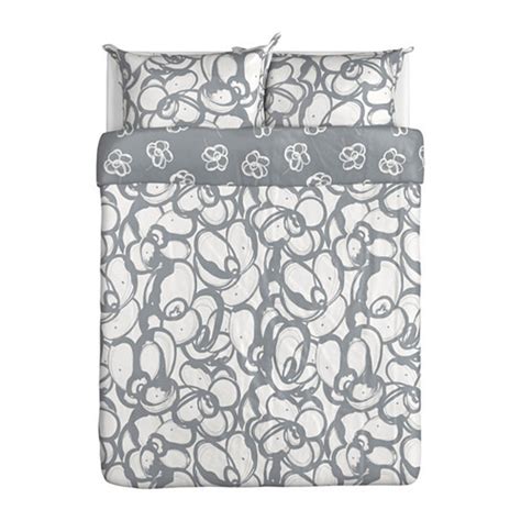 IKEA Klanglilja QUEEN Duvet COVER Pillowcases Set GRAY White KLÄNGLILJA Full Double New