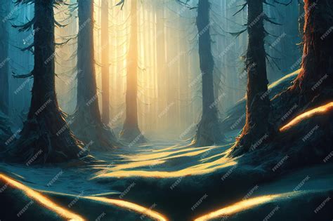 Premium AI Image | Snowy forest with sunrise concept art illustration