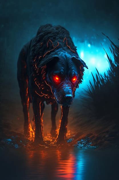 Premium Photo | Scary black dog with luminous eyes runs at night