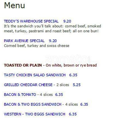 Menu at Teddy's Restaurant & Deli, Oshawa