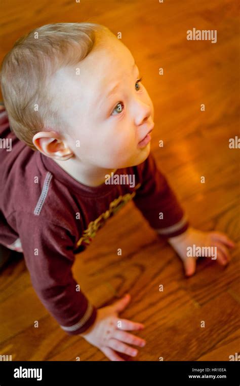 Baby boy looking up curiously Stock Photo - Alamy