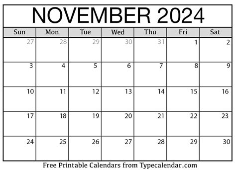 Free Printable November 2024 Calendars - Download